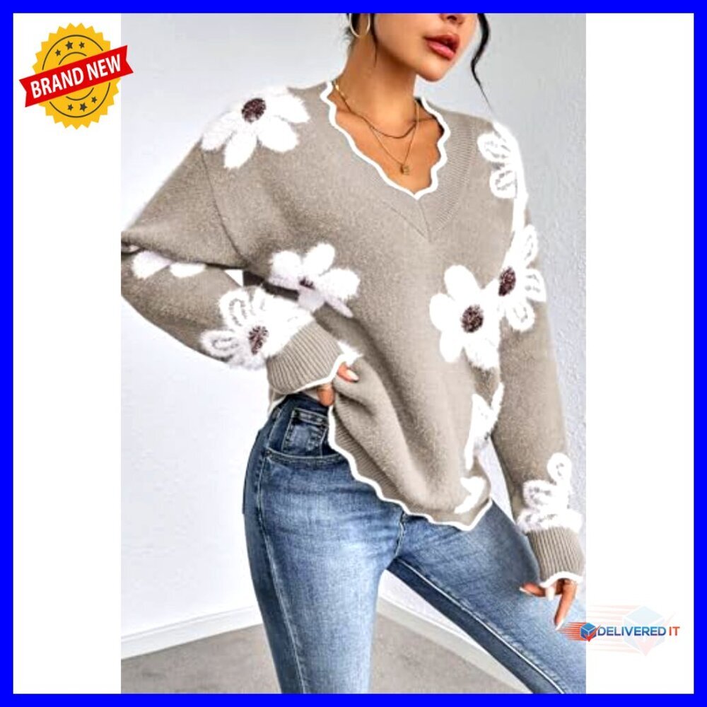 Oversized V-Neck Chunky Knit Pullover Sweater Fuzzy Long Sleeve Top - Picture 2 of 7